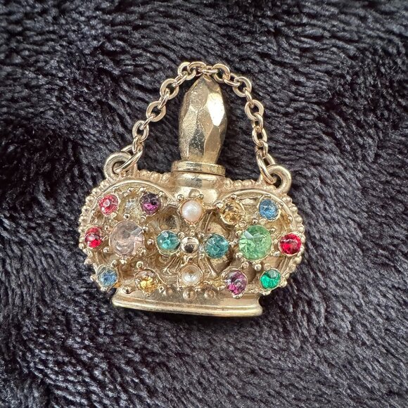 Vtg Mini Crown Rhinestone Perfume Bottle Charm with Dauber, Chain - Picture 5 of 7